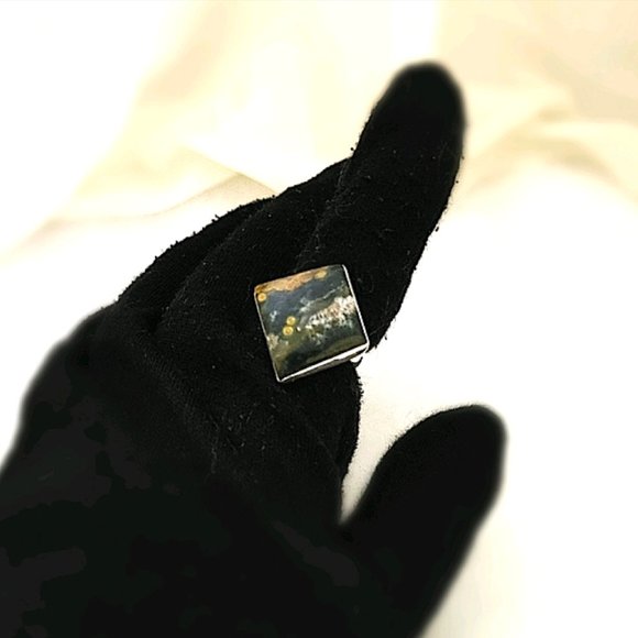 Genuine Green OCEAN JASPER Ring Natural Colors green Tan White 925 Silver Size 8 - Picture 2 of 11